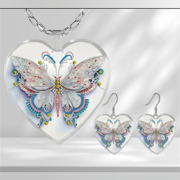 3pcs/set Fashion Creative Butterfly Heart Shape, Glass Pendant Necklace Earring - Picture 1 of 1